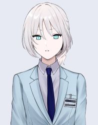 Rule 34 | 1girl, alternate costume, an-94 (antje) (girls&#039; frontline), an-94 (girls&#039; frontline), aqua eyes, blue eyes, blue jacket, blue necktie, blue suit, collared shirt, commentary request, formal, girls&#039; frontline, grey background, grey shirt, id card, jacket, kmaria1409, looking at viewer, necktie, parted lips, shirt, silver hair, solo, suit