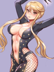 1girl arms_up black_bodysuit blonde_hair blush bodysuit breasts cowboy_shot fishnets folks_(nabokof) kasuga_(sengoku_basara) large_breasts navel ninja parted_lips plunging_neckline purple_background sengoku_basara short_hair_with_long_locks simple_background skin_tight solo yellow_eyes