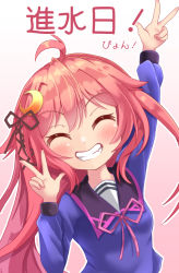 Rule 34 | 1girl, ^ ^, arm up, black ribbon, blue shirt, blush, breasts, closed eyes, commentary request, crescent, crescent hair ornament, double w, facing viewer, gradient background, grin, hair between eyes, hair ornament, hair ribbon, hand up, kantai collection, long sleeves, neck ribbon, pink background, pink ribbon, red hair, ribbon, shirt, sills, small breasts, smile, solo, translated, upper body, uzuki (kancolle), w, white background
