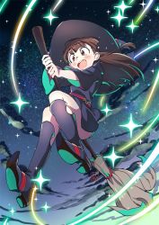 Rule 34 | 10s, 1girl, :d, blunt bangs, blush, boots, broom, broom riding, brown hair, cloud, contrapposto, glowing, happy, hat, kagari atsuko, knee boots, light particles, little witch academia, long hair, looking at viewer, night, open mouth, red eyes, sky, smile, solo, spoilers, star (sky), starry sky, tears, thighs, ume (plumblossom), white background, wide sleeves, witch, witch hat