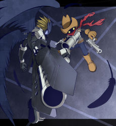 Rule 34 | ammunition belt, arm cannon, armor, beelzebumon, blonde hair, boots, cowboy hat, denim, digimon, digimon (creature), digimon xros wars, falling feathers, feathers, gloves, gun, handgun, hat, jeans, letterboxed, mask, no humans, pants, red eyes, revolmon, revolver, s09v165, scarf, spikes, weapon, wings, yellow eyes