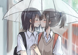 Rule 34 | 2girls, backpack, bag, betock, blurry, blurry background, blush, brown hair, brown sweater vest, closed eyes, collared shirt, commentary request, highres, holding hands, imminent kiss, long hair, medium hair, multiple girls, original, parted lips, ponytail, rain, school uniform, shared umbrella, shirt, short sleeves, sidelocks, sweater vest, transparent, transparent umbrella, umbrella, upper body, white shirt, yuri