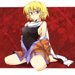 Rule 34 | 1girl, bad id, bad pixiv id, barefoot, blonde hair, breasts, female focus, green eyes, large breasts, mizuhashi parsee, open clothes, open shirt, pointy ears, scarf, shirt, short hair, short sleeves, sleeveless, solo, touhou, wedge (tyrl stride)
