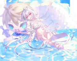 Rule 34 | 1girl, ahoge, arthur pendragon (fate), arthur pendragon (white rose) (fate), bare shoulders, bikini, breasts, cleavage, endlessfalling, fate/grand order, fate (series), frilled bikini, frills, lady avalon (fate), lady avalon (second ascension) (fate), leaning back, long hair, looking at viewer, medium breasts, merlin (fate/prototype), navel, open mouth, purple eyes, sitting, smile, solo, stuffed toy, swimsuit, thighs, very long hair, white bikini, white hair