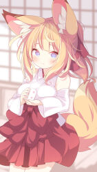 Rule 34 | 1girl, animal ear fluff, animal ears, bare shoulders, blonde hair, blue eyes, blush, breasts, closed mouth, commentary request, cowboy shot, cup, daidai ookami, detached sleeves, fang, fox ears, fox girl, fox tail, hakama, highres, holding, holding cup, japanese clothes, long hair, looking at viewer, medium breasts, miko, original, red hakama, solo, tail, white sleeves