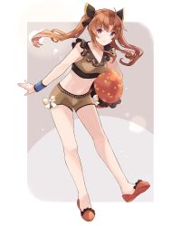 Rule 34 | 1girl, ball, bare arms, bare legs, bare shoulders, beachball, bikini, blush, breasts, brown bikini, brown hair, closed mouth, collarbone, full body, hair between eyes, holding, holding ball, holding beachball, kagerou (kancolle), kantai collection, long hair, purple eyes, shakemi (sake mgmgmg), small breasts, smile, solo, swimsuit