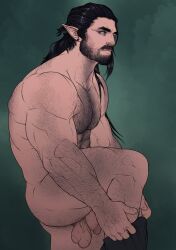 Rule 34 | 1boy, abs, arm hair, bara, beard, black hair, chest hair, completely nude, dressing, ear piercing, elf, facial hair, flaccid, from side, green eyes, hair slicked back, hairy, highres, large pectorals, leg hair, long hair, looking at viewer, male focus, mature male, movd art, muscular, muscular male, mustache, nipples, nude, original, pectorals, penis, piercing, pointy ears, sideburns, solo, stomach, testicles, thick thighs, thighs, uncensored, veins, veiny arms
