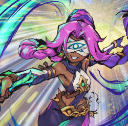Rule 34 | 1girl, bare shoulders, belt, blindfold, braid, brown belt, chain, crop top, dark-skinned female, dark skin, detached sleeves, grin, league of legends, multicolored background, multicolored hair, nilah (league of legends), outstretched arms, pants, phantom ix row, pink hair, purple hair, shirt, smile, solo, spiked belt, teeth, twin braids, two-tone hair