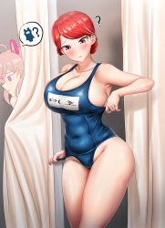 Rule 34 | 2girls, ?, blush, breasts, cleavage, closed mouth, curtains, curvy, fitting room, greenteamousou, highres, hongryeon (last origin), korean commentary, korean text, last origin, long hair, miho (last origin), multiple girls, name tag, one-piece swimsuit, parted bangs, ponytail, purple eyes, purple hair, red hair, shiny clothes, shiny skin, sweat, swimsuit, tight clothes