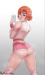 Rule 34 | 1girl, absurdres, aestheticc-meme, ass, bare shoulders, breasts, cellphone, from behind, green eyes, headband, highres, huge ass, kneehighs, large breasts, nora valkyrie, open mouth, orange hair, phone, rwby, short hair, short shorts, shorts, sideboob, socks, solo, sweat