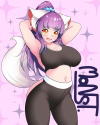 Rule 34 | 1girl, :d, animal ear fluff, arched back, armpits, arms behind head, arms up, bare arms, black bra, black pants, blush, bra, breasts, cleavage, cowboy shot, curvy, daji (monster strike), fang, fox tail, high ponytail, large breasts, lips, long hair, looking at viewer, midriff, monster strike, mukakin:zero, navel, open mouth, orange eyes, pants, pink background, ponytail, purple hair, shiny skin, smile, solo, sports bra, tail, tail raised, underwear, yellow eyes, yoga pants