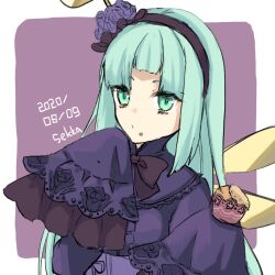 Rule 34 | 1girl, atelier (series), atelier ayesha, blue eyes, blue hair, blunt bangs, border, commentary request, cupcake, dated, expressionless, food, food on face, frilled sleeves, frills, hairband, holding, holding food, long hair, long sleeves, looking at viewer, odelia (atelier), outside border, purple background, scottie friends, sleeves past fingers, sleeves past wrists, solo, upper body, white border, wings