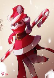 Rule 34 | 1girl, arcafterdark, candy, candy cane, colored skin, floating, food, highres, multicolored skin, no feet, santa costume, signature, simple background, snow, solo, thighhighs, warframe, wisp (warframe)