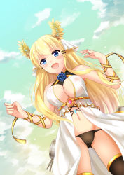 Rule 34 | 1girl, azur lane, bad id, bad pixiv id, bare shoulders, black panties, black thighhighs, blonde hair, blue eyes, blush, breasts, cleavage, cloud, commentary, covered erect nipples, floating hair, from below, gluteal fold, highres, jewelry, laurel crown, long hair, looking at viewer, medium breasts, mirufuaa, navel, open mouth, outdoors, panties, ribbon, rigging, sky, sleeveless, solo, standing, thighhighs, turret, underwear, veil, victorious (azur lane), wrist ribbon