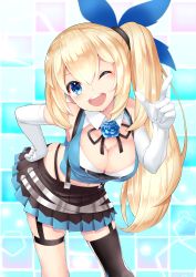 Rule 34 | 1girl, asymmetrical hair, asymmetrical legwear, bare shoulders, black thighhighs, blonde hair, blue eyes, blush, breasts, cleavage, crop top, elbow gloves, garter straps, gloves, hair between eyes, hair ornament, hand on own hip, highres, large breasts, long hair, looking at viewer, miniskirt, mirai akari, mirai akari project, navel, one eye closed, open mouth, pleated skirt, ponytail, rin2008, side ponytail, single thighhigh, skindentation, skirt, sleeveless, solo, standing, suspenders, thighhighs, underwear, uneven legwear, virtual youtuber, white gloves