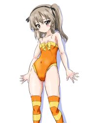 Rule 34 | 1girl, absurdres, bare shoulders, black ribbon, blush, bow, bow swimsuit, breasts, brown eyes, closed mouth, commentary, covered navel, girls und panzer, hair ribbon, highres, light brown hair, light frown, long hair, looking at viewer, one-piece swimsuit, one side up, orange one-piece swimsuit, orange thighhighs, ribbon, shadow, shimada arisu, simple background, small breasts, solo, standing, strapless, strapless one-piece swimsuit, striped clothes, striped thighhighs, swimsuit, takobe yadako, thighhighs, wet, white background, yellow bow