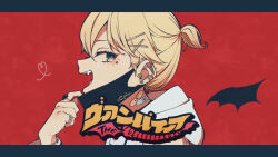 Rule 34 | 1boy, blonde hair, blue eyes, fangs, hair ornament, heart, kagamine len, long hair, looking at viewer, mask, mask pull, mouth mask, open mouth, red background, shirt, short hair, smile, solo, syiga, vampire (vocaloid), vocaloid