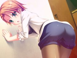 Rule 34 | 1girl, ass, bent over, blush, breasts, earrings, female focus, green eyes, indoors, jewelry, large breasts, looking back, natsukon, open mouth, original, pantyhose, red hair, short hair, shorts, solo