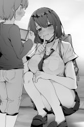 Rule 34 | 1boy, 1girl, age difference, bag, blush, bra visible through clothes, breast pocket, breasts, choker, collared shirt, greyscale, highres, large breasts, loafers, long sleeves, monochrome, necktie, nintendo switch, original, pocket, ryouma (galley), school bag, school uniform, sexually suggestive, shirt, shoes, short hair, short sleeves, skirt, squatting, sweat, textless version