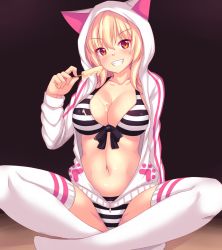 Rule 34 | 1girl, absurdres, animal ears, animal hood, bikini, blonde hair, breasts, cat ears, cleavage, collarbone, commentary, english commentary, food, food on body, food on breasts, front-tie bikini top, front-tie top, grin, highres, hood, hood up, hoodie, ice cream, large breasts, long hair, looking at viewer, navel, nottytiffy, original, paw print, red eyes, sitting, slit pupils, smile, solo, striped bikini, striped clothes, swimsuit, thighhighs, tiffy (nottytiffy), white thighhighs