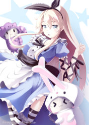 Rule 34 | 1girl, alice (alice in wonderland), alice (alice in wonderland) (cosplay), alice in wonderland, alternate costume, animal costume, artist name, blonde hair, blue dress, blue eyes, breasts, commentary request, cosplay, dress, hair between eyes, hairband, kantai collection, long hair, looking at viewer, mimelex, open mouth, puffy short sleeves, puffy sleeves, rabbit costume, rensouhou-chan, shimakaze (kancolle), short sleeves, small breasts, solo, striped clothes, striped thighhighs, thighhighs, triangle mouth, twitter username