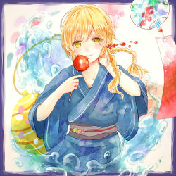 Rule 34 | androgynous, as8521, bad id, bad pixiv id, balloon, blonde hair, blue kimono, braid, candy apple, character request, earrings, food, gender request, green eyes, japanese clothes, jewelry, kimono, light smile, male focus, mole, mole under eye, solo, twin braids, water, yukata