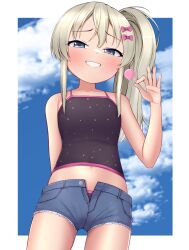 Rule 34 | 1girl, absurdres, black one-piece swimsuit, blonde hair, blue eyes, blue shorts, blush, bow, candy, collarbone, cowboy shot, denim, denim shorts, food, grecale (kancolle), grin, hair between eyes, hair bow, highres, holding, holding candy, holding food, holding lollipop, kantai collection, lollipop, long hair, looking at viewer, one-piece swimsuit, one side up, open fly, pink bow, polka dot, polka dot swimsuit, shorts, smile, solo, swimsuit, tiemu (man190)