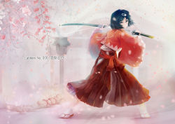 Rule 34 | 1boy, battoujutsu stance, black hair, character name, cherry blossoms, drawing sword, fighting stance, fog, full body, hair ornament, hairpin, hihei xiaobai, holding, holding sword, holding weapon, japanese clothes, katana, legs apart, looking at viewer, male focus, miko, orange hair, petals, ready to draw, rock, sandals, sheath, short hair, shrine, solo, steins;gate, sword, trap, unsheathing, urushibara ruka, weapon, wide stance