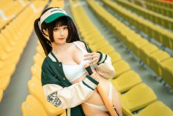 Rule 34 | 1girl, arena, asian, baseball bat, baseball cap, black hair, bra, breasts, chair, chinese (nationality), chunmomo0127, cleavage, closed mouth, green baseball cap, green jacket, hat, holding, holding baseball bat, jacket, looking at viewer, medium breasts, navel, outdoors, oversized clothes, oversized jacket, panties, photo (medium), real life, smile, standing, stomach, thong, twintails, unbuttoned, unbuttoned jacket, underwear, white bra, white panties, yellow chair