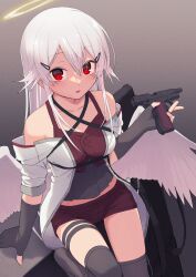 Rule 34 | 1girl, :d, bare shoulders, black gloves, black thighhighs, breasts, brown shorts, collarbone, commentary request, elbow gloves, feathered wings, gloves, grey background, grey hair, gun, hair between eyes, halo, handgun, highres, holding, holding gun, holding weapon, jacket, kawama shuusuke, long hair, looking at viewer, low wings, m1911, no shoes, off-shoulder jacket, off shoulder, open mouth, original, partially fingerless gloves, red eyes, short shorts, shorts, sitting, small breasts, smile, solo, thighhighs, very long hair, weapon, weapon request, white jacket, white wings, wings