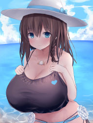 Rule 34 | 1girl, absurdres, bare shoulders, bikini, bikini bottom only, black bikini, blue bikini, blue eyes, blush, braid, breasts, brown hair, charlotte corday (fate), charlotte corday (swimsuit caster) (fate), charlotte corday (swimsuit caster) (first ascension) (fate), cleavage, fate/grand order, fate (series), hands on own chest, hat, highres, huge breasts, long hair, looking at viewer, mismatched bikini, ocean, see-through, side braid, solo, swimsuit, white hat, yuuki shuri