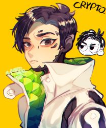 Rule 34 | 1boy, animification, apex legends, black eyes, black hair, character name, chibi, chibi inset, crypto (apex legends), from side, looking at viewer, male focus, mole, mole under eye, parted hair, repikinoko, signature, solo focus, twitter username, yellow eyes