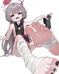 Rule 34 | 1girl, bandages, barefoot, black nails, blue archive, dokomon, feet, foot focus, grey hair, highres, long hair, looking at viewer, nail polish, pointy ears, red eyes, shuro (blue archive), simple background, soles, solo, toenail polish, toenails, toes, white background