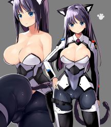 Rule 34 | 1girl, animal ears, areola slip, ass, bare shoulders, black hair, blue eyes, blush, bodysuit, breasts, cameltoe, cat ears, cat tail, character request, cleavage, cleavage cutout, clothing cutout, collarbone, grey background, hand on own hip, holster, large breasts, long hair, looking at viewer, messy (efuya), multiple views, paw print, simple background, tail, thigh holster