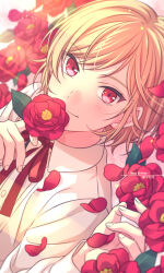 Rule 34 | 1boy, blonde hair, bow, bowtie, commentary request, dated, flower, happy birthday, highres, holding, holding flower, long sleeves, lying, male focus, miyabino tsubaki, on air!, on back, petals, red bow, red bowtie, red eyes, red flower, sekina, shirt, short hair, smile, solo, white shirt