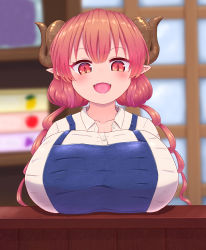 Rule 34 | 1girl, absurdres, apron, blue apron, blurry, blurry background, blush, breast rest, breasts, brown horns, commentary request, curled horns, fangs, highres, horns, huge breasts, ilulu (maidragon), kobayashi-san chi no maidragon, looking at viewer, low twintails, open mouth, partially unbuttoned, pink hair, quohma, red eyes, shirt, shortstack, slit pupils, solo, taut clothes, taut shirt, twintails, upper body, white shirt