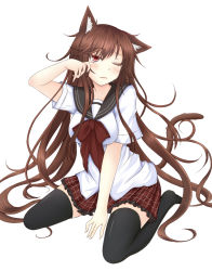 Rule 34 | 1girl, animal ears, black thighhighs, blush, breasts, brown hair, cat ears, cat tail, coffeedog, large breasts, long hair, looking at viewer, one eye closed, original, school uniform, serafuku, simple background, skirt, solo, tail, thighhighs, very long hair, white background