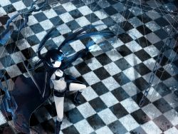 Rule 34 | 10s, 1girl, bad id, bad pixiv id, belt, bikini, bikini top only, black hair, black rock shooter, black rock shooter (character), blue eyes, chain, checkered floor, dhiea, female focus, highres, katana, long hair, navel, pale skin, scar, shorts, solo, stitches, swimsuit, sword, twintails, vocaloid, weapon