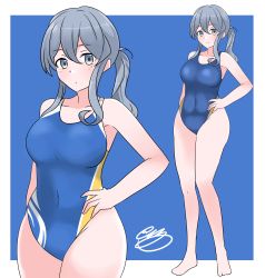 Rule 34 | 1girl, absurdres, alternate breast size, alternate costume, blue hair, blue one-piece swimsuit, breasts, competition swimsuit, covered navel, cowboy shot, full body, gotland (kancolle), grey eyes, hair between eyes, hair bun, highleg, highleg swimsuit, highres, kantai collection, large breasts, long hair, looking at viewer, mole, mole under eye, noruren, one-piece swimsuit, signature, single hair bun, solo, swimsuit, two-tone swimsuit