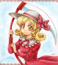 Rule 34 | 1girl, blonde hair, bow, bowler hat, breasts, closed mouth, curly hair, dress, drill hair, elly (touhou), eyes visible through hair, facing viewer, hair between eyes, hat, hat bow, highres, holding, holding weapon, io (maryann blue), lace, long sleeves, looking at viewer, medium breasts, painting (medium), puffy long sleeves, puffy sleeves, red bow, red dress, red ribbon, ribbon, ribbon-trimmed clothes, ribbon-trimmed collar, ribbon trim, ringlets, scythe, short hair, signature, smile, solo, touhou, touhou (pc-98), traditional media, twin drills, watercolor (medium), weapon, white hat, yellow eyes