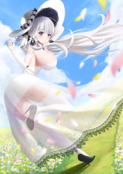 Rule 34 | 1girl, arm behind head, azur lane, backless dress, backless outfit, black footwear, blue eyes, blue sky, breasts, cloud, collar, detached collar, dress, dutch angle, elbow gloves, flower, from behind, full body, garter straps, gloves, grass, hat, high heels, highres, huge breasts, illustrious (azur lane), lace, lace-trimmed dress, lace-trimmed headwear, lace trim, leaning forward, leg up, long hair, looking at viewer, looking back, outdoors, petals, see-through, see-through dress, shoes, sky, sleeveless, sleeveless dress, smile, solo, stiletto heels, sun hat, usagidanshaku, very long hair, white collar, white dress, white flower, white gloves, white hair, white hat, white legwear
