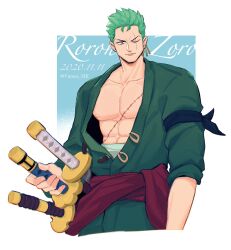 Rule 34 | 1boy, abs, arm ribbon, broad shoulders, character name, closed mouth, collarbone, dated, earrings, furrowed brow, gold earrings, green hair, green kimono, hand on weapon, haramaki, highres, japanese clothes, jewelry, katana, kimono, male focus, multiple earrings, muscular, muscular male, nipples, one-eyed, one eye closed, open clothes, open kimono, pectorals, red sash, ribbon, roronoa zoro, sash, scar, scar across eye, scar on chest, short hair, stitched torso, stitches, sword, twitter username, upper body, v-shaped eyebrows, vamos mk, weapon