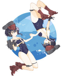 Rule 34 | 2girls, air bubble, animal, bare arms, bare shoulders, black hair, blue one-piece swimsuit, blush, boots, breasts, brown footwear, bubble, closed mouth, enu (roco roco44), fish, framed breasts, grey headwear, hair between eyes, holding hands, i-13 (kancolle), i-14 (kancolle), kantai collection, multiple girls, one-piece swimsuit, open mouth, rudder footwear, sailor collar, shirt, sleeveless, sleeveless shirt, small breasts, smile, swimsuit, toeless footwear, upside-down, white sailor collar, white shirt, yellow eyes