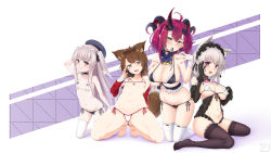 Rule 34 | 4girls, ahoge, animal ear fluff, animal ears, areola slip, arm up, armpits, bare shoulders, barefoot, bikini, black bikini, black choker, black gloves, blue headwear, blush, breasts, brown hair, brown legwear, carrot, cat ears, choker, cleavage, closed mouth, collarbone, commentary, covered erect nipples, crotch, curled horns, demon horns, detached collar, elbow gloves, fang, flat chest, fox ears, fox tail, frills, full body, gloves, gluteal fold, green eyes, groin, hair between eyes, hair ornament, hairclip, hat, headdress, highres, hiiragi channel, hiiragi ryou, hiiragi ryou (vtuber), horns, indie virtual youtuber, jacket, kneeling, large breasts, long hair, looking at viewer, magrona, magrona channel, micro bikini, micro bikini top, multiple girls, nail polish, navel, note takehana, off shoulder, open mouth, osafune kairi, pink eyes, pink hair, purple background, purple eyes, red hair, red jacket, red nails, ribs, short eyebrows, signature, silver hair, simple background, sitting, skin fang, skindentation, small breasts, smile, spread legs, string in mouth, sweat, swimsuit, tail, thick eyebrows, thighhighs, thighs, tomari mari, tomari mari channel, two side up, very long hair, virtual youtuber, wariza, white background, white bikini, white legwear, yellow eyes