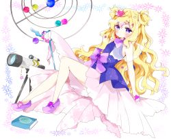 Rule 34 | 1girl, bad id, bad pixiv id, blonde hair, blue shirt, blush, book, bow, capricorn (constellation), closed mouth, commentary, full body, gradient hair, hair between eyes, heart, highres, holding, holding star, leo (constellation), long hair, looking at viewer, multicolored hair, original, pisces (constellation), purple bow, purple eyes, purple footwear, purple hair, reclining, see-through, shirt, shoes, skirt, sleeveless, sleeveless shirt, solo, star (symbol), symbol-only commentary, telescope, tsukiyo (skymint), two side up, very long hair, white background, white skirt