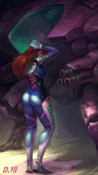 Rule 34 | 1girl, adjusting hair, ass, back, bodysuit, brown hair, cannon, character name, chen nan, d.va (overwatch), from behind, full body, gun, highres, legs apart, mecha, meka (overwatch), overwatch, overwatch 1, pilot suit, robot, skin tight, solo, standing, weapon