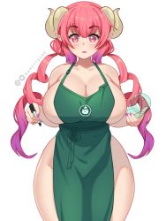 Rule 34 | 1girl, :o, absurdres, apron, bare shoulders, barista, blurry, blush, breasts, cafe, cleavage, coffee cup, collarbone, commentary, cowboy shot, cup, curvy, disposable cup, dragon girl, dragon horns, english commentary, fingernails, green apron, hands up, highres, holding, holding cup, holding marker, horns, huge breasts, iced latte with breast milk (meme), ilulu (maidragon), instagram logo, instagram username, kobayashi-san chi no maidragon, long hair, looking at viewer, mandytsune, marker, meme, nail polish, naked apron, pink hair, pointy ears, simple background, skindentation, slit pupils, solo, standing, thick thighs, thighs, twintails, twitter logo, twitter username, watermark, white background, wide hips