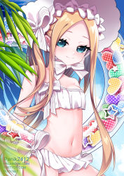 Rule 34 | 1girl, abigail williams (fate), abigail williams (swimsuit foreigner) (fate), abigail williams (swimsuit foreigner) (third ascension) (fate), bare shoulders, bikini, blonde hair, blue eyes, blue sky, blush, bonnet, bow, breasts, closed mouth, commentary, commentary request, day, english commentary, fate/grand order, fate (series), forehead, highres, innertube, long hair, looking at viewer, microskirt, mixed-language commentary, multiple bows, navel, parted bangs, photoshop (medium), sidelocks, skirt, sky, small breasts, smile, soiheopanik, solo, swim ring, swimsuit, thighs, twintails, white bow, white headwear