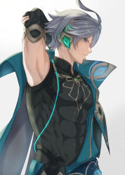 Rule 34 | 1boy, abs, ahoge, alhaitham (genshin impact), arms up, black gloves, black shirt, cable, cape, closed mouth, commentary request, compression shirt, covered abs, covered navel, elbow gloves, gem, genshin impact, gloves, gold trim, green cape, green eyes, grey hair, highres, light particles, looking away, male focus, parted bangs, partially fingerless gloves, profile, serious, shirt, short hair, sidelocks, simple background, sleeveless, sleeveless shirt, solo, swept bangs, u2 (yuniu222), upper body, white background