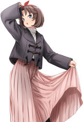 Rule 34 | 1girl, abe kanari, alternate costume, blue eyes, bob cut, brown hair, commentary request, feet out of frame, grey jacket, high school fleet, highres, hirota sora, jacket, looking at viewer, pink skirt, red ribbon, ribbon, short hair, simple background, skirt, skirt hold, solo, white background